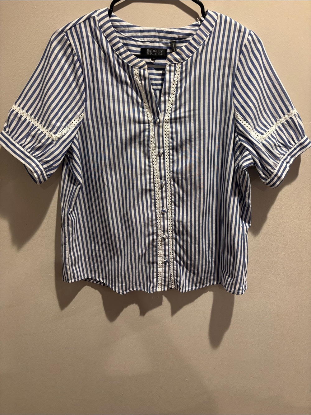 Badgley Mischka Blue and White Striped Lace-Trim Button Down Top